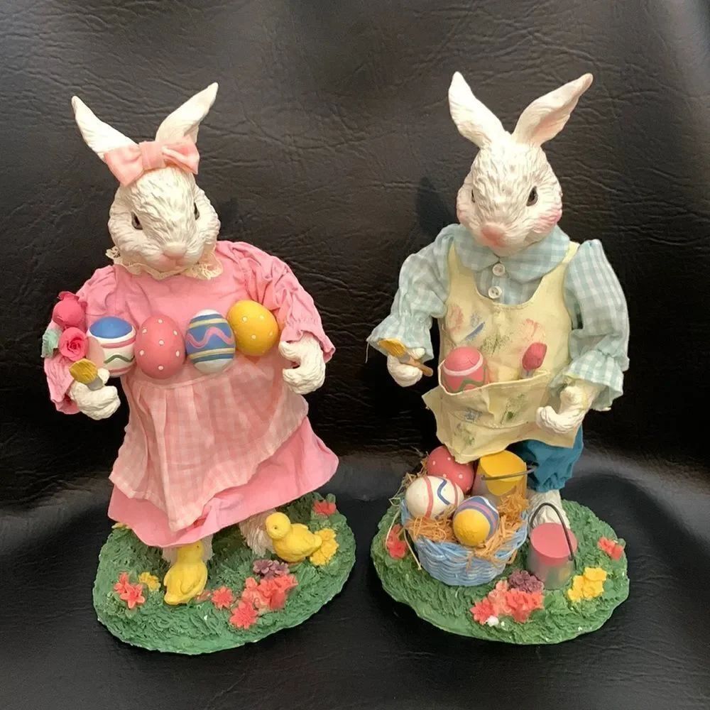Fabric Mache Spring Bunnies Easter  11 Inches Tall Gifts Handcrafted Decoration